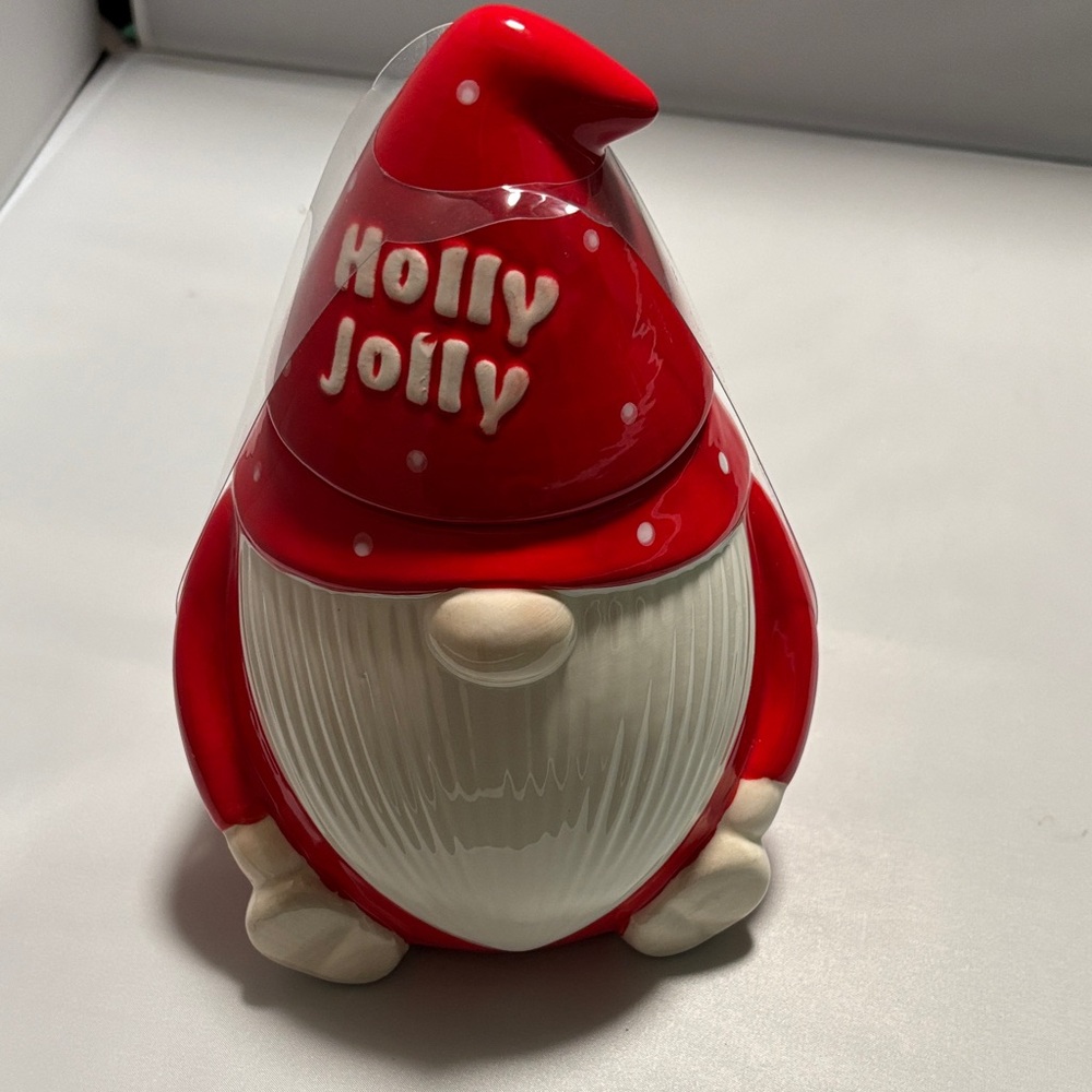Holly Jolly Red Holiday Gnome Figurine Cookie Jar